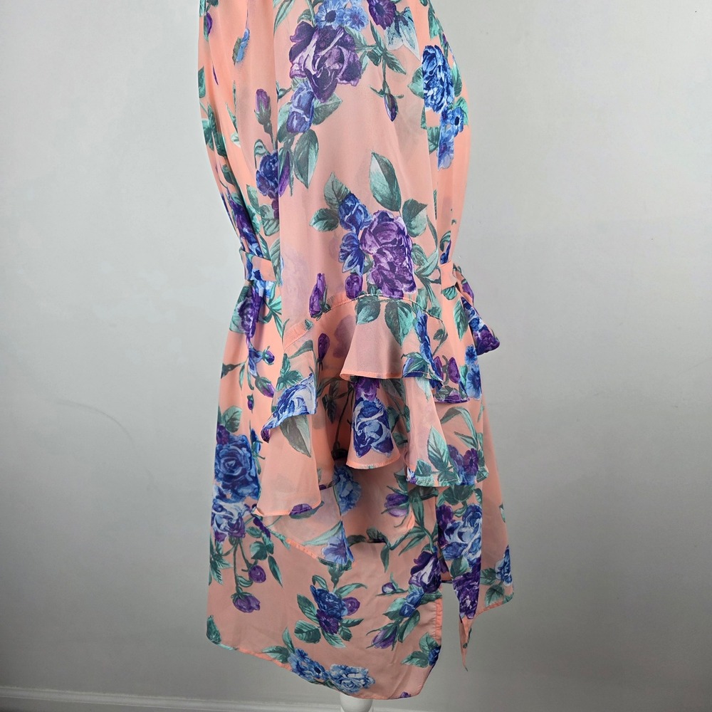 Susan Graver Peach Floral Chiffon Cardigan Kimono Ruffle Sleeve Robe 1X Feminine - Picture 4 of 11